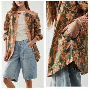 NWT Free People Multicolor Forest Combo Floral Shirt with Pockets on Side